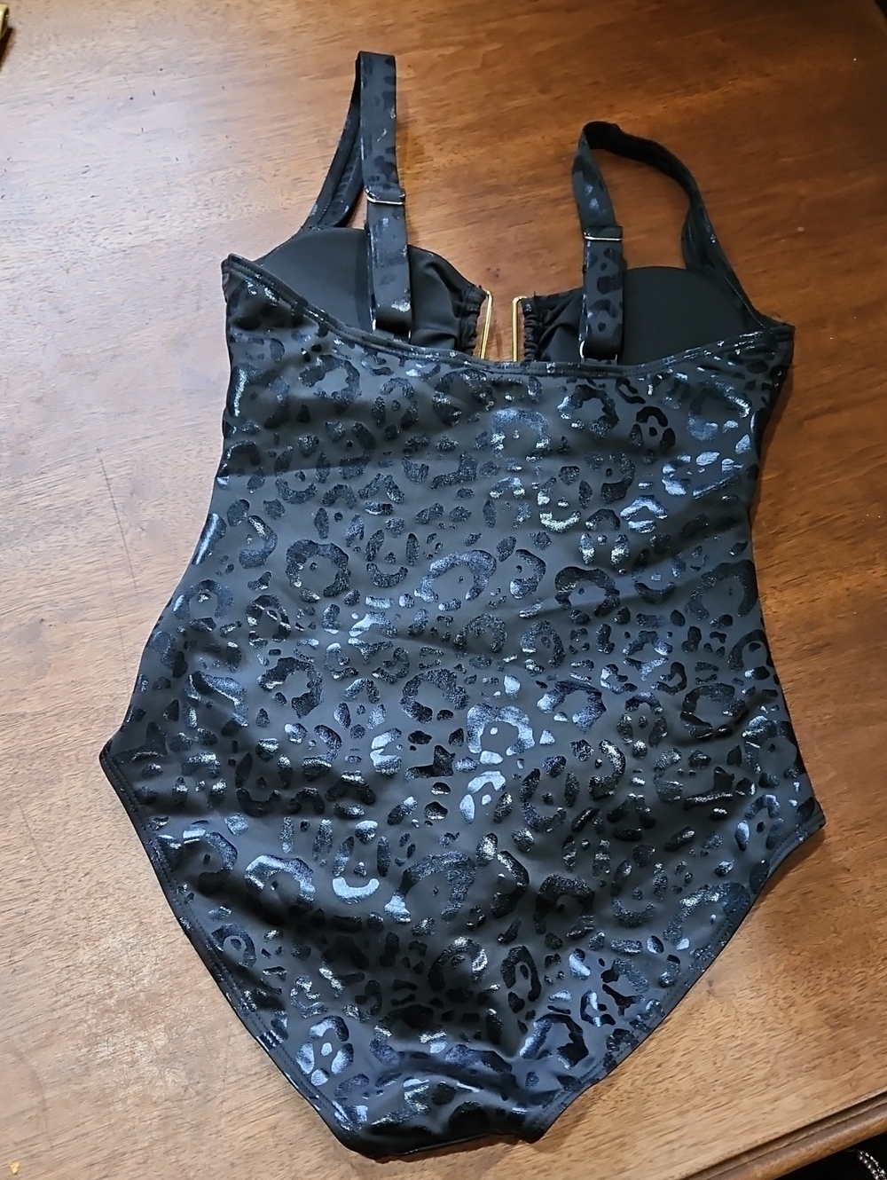 Black Leopard-Print One-Piece Swimsuit with Gold Accent - Picture 6 of 11